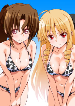 Rule 34 | 2girls, ahoge, animal print, bare shoulders, bikini, blonde hair, blush, bow, breasts, brown hair, cleavage, collarbone, commission, cow print, cow print bikini, day, drill hair, engo (aquawatery), hair bow, hayate no gotoku!, highres, large breasts, leaning forward, long hair, maria (hayate no gotoku!), multiple girls, navel, outdoors, pixiv commission, ponytail, print bikini, red eyes, shiny skin, sky, smile, standing, stomach, swimsuit, tennousu athena, thigh gap, thighs, twin drills