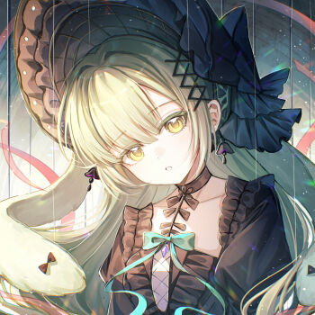 Rule 34 | 1girl, animal ears, aoko (amamiya aoko), arknights, bang dream!, bang dream! it's mygo!!!!!, black bonnet, black choker, bonnet, choker, commentary request, floppy ears, gothic lolita, green hair, green ribbon, hair ornament, highres, lolita fashion, long hair, looking at viewer, parted lips, rabbit ears, rabbit girl, ribbon, sidelocks, solo, upper body, wakaba mutsumi, wakaba mutsumi (marionette's id), x hair ornament, yellow eyes