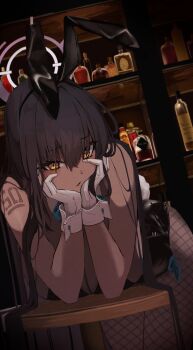 1girl absurdres alcohol animal_ears arm_support black_hair blue_archive bottle commentary_request fishnets gloves halo hand_on_own_chin highres karin_(blue_archive) karin_(bunny)_(blue_archive) laneigu leotard looking_at_viewer over-kneehighs pantyhose rabbit_ears rabbit_girl solo tattoo thighhighs white_gloves wine yellow_eyes