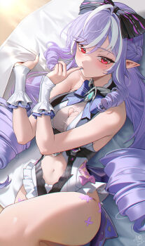 1girl absurdres artist_name bad_id bad_pixiv_id bare_shoulders black_bow blush bow breasts clothing_cutout commentary english_commentary fingernails hahany hair_bow hands_up heart_cutout highres large_breasts long_hair looking_at_viewer mole mole_under_eye multicolored_hair nail_polish navel official_alternate_costume one-piece_swimsuit pointy_ears purple_hair purple_nails red_eyes sidelocks solo stomach stomach_cutout streaked_hair swimsuit thighs very_long_hair vivian_banshee vivian_banshee_(iris_of_the_shore) white_one-piece_swimsuit zenless_zone_zero