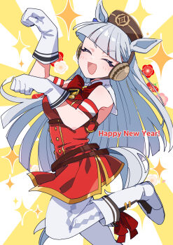 1girl absurdres animal_ears boots brown_hat buttons closed_eyes commentary_request double-breasted dress facing_viewer gloves gold_ship_(red_strife)_(umamusume) gold_ship_(umamusume) gold_trim grey_hair hands_up happy_new_year hat highres horse_ears horse_girl horse_pose horse_tail long_hair nekoma_hikaru new_year open_mouth pantyhose pillbox_hat red_dress smile solo sparkle standing standing_on_one_leg tail two-tone_background umamusume white_background white_boots white_gloves white_pantyhose yellow_background