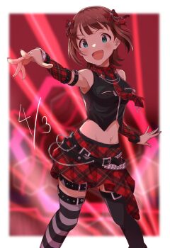 1girl absurdres amami_haruka arm_belt armpits asymmetrical_legwear belt black_belt black_shirt black_thighhighs blurry blurry_background blush border bow breasts brown_hair chain checkered_bow checkered_clothes checkered_necktie checkered_skirt checkered_sleeves cropped_shirt dated detached_sleeves dot_nose gen_(renoir1124) green_eyes hair_bow highres idol idolmaster idolmaster_(classic) light_rays looking_ahead medium_breasts midriff miniskirt navel necktie open_mouth outstretched_arm red_background red_necktie red_skirt red_sleeves shirt short_hair sidelocks skirt sleeveless sleeveless_shirt smile solo stage striped_clothes striped_thighhighs thigh_belt thigh_strap thighhighs thighs white_border zettai_ryouiki zipper zipper_pull_tab