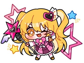 Rule 34 | 1girl, :3, :d, armband, blonde hair, blush, bow, bowtie, don quixote (project moon), e.g.o (project moon), fang, frilled skirt, frills, full body, holding, holding wand, in the name of love and hate (e.g.o), limbus company, lobotomy corporation (identity) (project moon), long hair, looking at viewer, nhom (woogi), one eye closed, open mouth, orange armband, pink bow, pink bowtie, pink skirt, pink vest, pleated skirt, project moon, skirt, smile, solo, two side up, v, very long hair, vest, wand