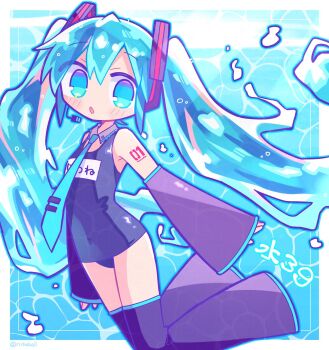 Rule 34 | 1girl, blue hair, blue one-piece swimsuit, commentary, covered navel, detached sleeves, duplicate, hatsune miku, highres, liquid hair, name tag, necktie, old school swimsuit, one-piece swimsuit, richard (richaball), school swimsuit, solo, swimming, swimsuit, thighhighs, twintails, vocaloid, water
