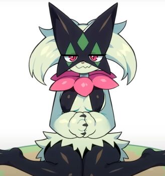 1girl artist_request breasts furry furry_female green_fur looking_at_viewer meowscarada nintendo non-web_source pink_eyes pokemon sitting smile solo source_request wariza wavy_mouth white_background