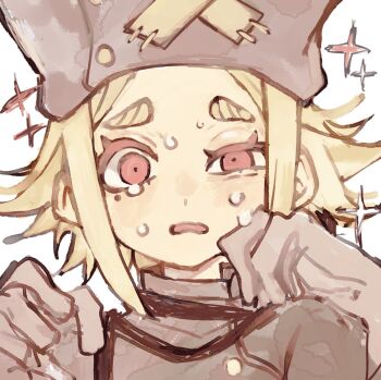 1girl bad_id bad_twitter_id blonde_hair buttons chamopichamo crying eishia_stilza gachiakuta gloves grey_gloves grey_hat hat highres looking_at_viewer pink_eyes portrait short_hair sidelocks simple_background solo sparkle white_background