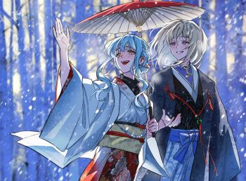Rule 34 | 2girls, asa no ha (pattern), bang dream!, bang dream! it's mygo!!!!!, black kimono, blonde hair, blue hair, blush, cup, earrings, hero45439083942, highres, holding, holding cup, holding umbrella, japanese clothes, jewelry, kimono, medium hair, misumi uika, multiple girls, oil-paper umbrella, open mouth, short hair with long locks, sidelocks, snow, teeth, togawa sakiko, umbrella, upper teeth only, white kimono