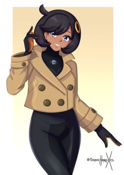 1girl absurdres artist_name black_bodysuit black_hair bodysuit dark-skinned_female dark_skin emma_(pokemon) eyelashes highres jacket long_sleeves looking_at_viewer mega_stone nintendo pokemon pokemon_legends:_z-a purple_eyes red_jacket short_hair smile solo sonicheroxd twitter_username
