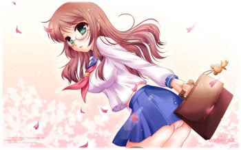 1girl bag black_thighhighs blush breasts brown_hair cellphone_strap female_focus giga glasses green_eyes highres hinata_terrace lens_flare long_hair panties pantyshot petals pink_panties sakaki_natsu school_bag school_uniform serafuku solo thighhighs underwear yamanaka_fumika