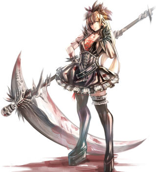 1girl armlet artist_name bare_shoulders black_boots black_dress black_gloves blonde_hair blood blood_on_arm blood_on_body blood_on_clothes blood_on_face blood_on_ground bloody_weapon boots breasts cleavage commentary_request cross-laced_clothes cross-laced_dress dated dress eyepatch frilled_dress frills full_body gloves gothic_lolita hair_ornament hand_on_own_head hand_on_own_hip hand_up holding holding_scythe huge_weapon jewelry lolita_fashion long_hair medium_breasts original platform_boots scythe simple_background skull skull_ornament solo standing sushi_(sashimise) thigh_boots twitter_username weapon white_background yellow_eyes