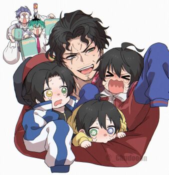 Rule 34 | > <, 6+boys, :d, ^3^, age regression, aged down, ahoge, amayado rei, aqua hair, argyle clothes, argyle sweater vest, arm up, baby, baseball cap, beard stubble, black hair, black shirt, blue eyes, blue jacket, blush, box, brothers, buster bros!!!, carrying, carrying baby, carrying multiple people, carrying person, cheekbones, choppy bangs, chudooon, closed eyes, collared shirt, cropped torso, crying, curtained hair, dotsuitare hompo, eyewear strap, facial hair, family, film grain, furrowed brow, glasses, green eyes, grey eyes, grin, hair between eyes, hair slicked back, hat, hat loss, headphones, headphones around neck, heterochromia, highres, holding, holding box, hood, hood down, hoodie, hypnosis mic, jacket, jacket over hoodie, letterman jacket, light blush, long sleeves, looking at another, male focus, mature eyes, mature male, mole, mole under eye, mole under mouth, multicolored hair, multicolored jacket, multiple boys, multiple moles, mustache stubble, necktie, nervous sweating, nose blush, nurude sasara, opaque glasses, open mouth, oversized clothes, parted bangs, pink necktie, purple hair, raised inner eyebrows, rattle, red jacket, red shirt, romaji text, round eyewear, scar, scar across eye, scar on face, shaded face, shirt, short hair, siblings, sleeves past fingers, sleeves past wrists, sleeves rolled up, smile, sobbing, streaked hair, stubble, sukajan, sweat, sweater vest, tears, tsutsujimori rosho, twitter username, two-tone jacket, v-shaped eyebrows, very short hair, wavy hair, wavy mouth, white background, white hoodie, white shirt, wide-eyed, wrinkled skin, yamada ichiro, yamada jiro, yamada saburo, yellow eyes, yellow hoodie, zipper