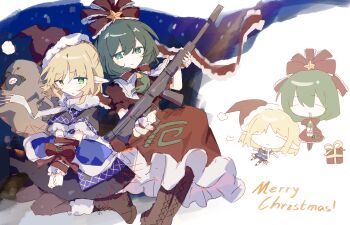 2girls absurdres bag bell black_skirt blonde_hair bomb boots bound bound_wrists brown_boots chibi chibi_inset christmas christmas_star dress explosive frilled_dress frilled_ribbon frills gift green_eyes green_hair gun hair_ribbon hat hat_ornament highres holding holding_gun holding_weapon kagiyama_hina kneeling lace-up_boots mizuhashi_parsee multiple_girls red_dress red_ribbon ribbon santa_hat short_sleeves skirt smile snow star_(symbol) star_hat_ornament touhou weapon wusem0108