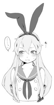 ... 1girl blush closed_mouth cropped_torso elbow_gloves gloves greyscale hair_between_eyes kantai_collection long_hair looking_to_the_side monochrome nabana_(bnnbnn) neckerchief sailor_collar shimakaze_(kancolle) sidelocks simple_background sleeveless solo spoken_ellipsis sweat upper_body