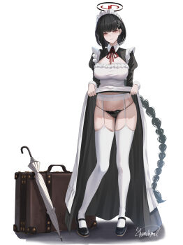 1girl absurdres alternate_costume artist_name black_footwear black_hair black_halo black_panties blue_archive breasts cleavage closed_mouth clothes_lift commentary_request dress dress_lift full_body garter_belt halo highres large_breasts lifting_own_clothes long_braid long_hair looking_at_viewer maid maid_headdress panties red_eyes rio_(blue_archive) solo suitcase thighhighs thighs umbrella underwear very_long_hair white_background white_dress white_thighhighs yamikyon