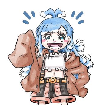 +++ 1girl aqua_eyes aqua_hair belt belt_buckle blush_stickers brown_jacket buckle buttons commentary cosplay cowboy_shot english_commentary eyelashes frilled_shirt frills hand_on_own_hip highres hololive hololive_indonesia jacket jewelry_bonney jewelry_bonney_(cosplay) kobo_kanaeru laughing lipstick liquid_hair long_hair long_sleeves looking_at_viewer makeup midriff mixed-language_commentary multicolored_hair navel one_piece open_clothes open_jacket open_mouth romaji_commentary shirt shorts simple_background sleeves_past_fingers sleeves_past_wrists smile solo streaked_hair teeth tongue v-shaped_eyebrows virtual_youtuber white_background white_hair white_shirt zetta_05