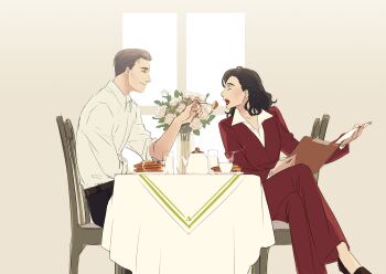 Rule 34 | 1boy, 1girl, ambulance00, belt, black pants, brown belt, brown hair, brown shoes, captain america (series), chair, clipboard, closed eyes, closed mouth, collarbone, collared shirt, commentary, couple, crossed legs, cup, drinking glass, english commentary, flower, food, fork, formal clothes, grey background, grey hair, hand up, hetero, highres, holding, holding clipboard, holding fork, jacket, jar, kettle, leaf, long sleeves, marvel, on chair, open mouth, pancake, pants, peggy carter, plate, red jacket, red lips, red pants, rose, shirt, shoes, short hair, simple background, sitting, smile, steam, steve rogers, table, tablecloth, teacup, teeth, tongue, water, white flower, white rose, white shirt, window