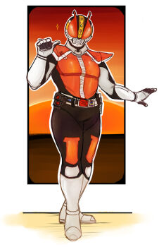 Rule 34 | 1boy, armor, belt, commission, helmet, kamen rider, kamen rider den-o, kamen rider den-o (series), male focus, mask, masked, masked male, momotaros, plump, pointing, pointing at self, red armor, red eyes, sparkle, sunset, wide hips, woofling