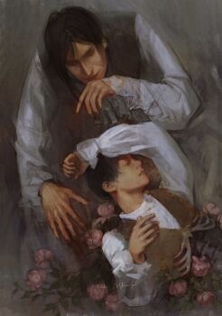 Rule 34 | 2boys, arm over head, black hair, black vest, blood, blood on face, brown vest, ciel phantomhive, closed eyes, dying, ecler ecler, exposed bone, flower, highres, kuroshitsuji, looking at viewer, male focus, multiple boys, painterly, red eyes, ribs, rose, rose bush, sebastian michaelis, shirt, short hair, sidelocks, smirk, spine, spread fingers, symbolism, vest, white shirt