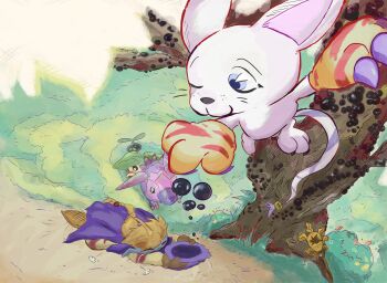 animal_ears cat cat_ears cybokko digimon digimon_(creature) gloves hat highres holy_ring nyokimon pomumon tail tailmon tanemon tree wizard wizard_hat wizarmon