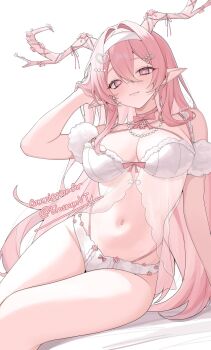 1girl :3 antlers babydoll bare_shoulders blossum_(vtuber) breasts choker cleavage closed_mouth commentary english_commentary flower-shaped_pupils hair_between_eyes hairband hand_up highres horns indie_virtual_youtuber large_breasts long_hair looking_at_viewer mugripley navel panties pink_choker pink_eyes pink_hair pointy_ears simple_background smile solo stomach symbol-shaped_pupils thighs underwear very_long_hair virtual_youtuber white_babydoll white_background white_panties