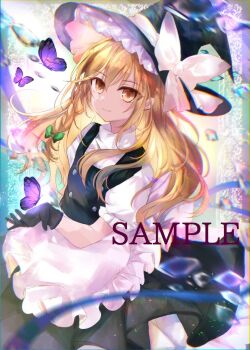 1girl apron black_hat black_skirt black_vest blonde_hair bow braid bug butterfly green_bow hair_bow hat hat_bow insect kazu_(muchuukai) kirisame_marisa long_hair puffy_short_sleeves puffy_sleeves purple_butterfly sample_watermark short_sleeves side_braid single_braid skirt smile solo touhou very_long_hair vest watermark white_apron white_bow witch_hat yellow_eyes