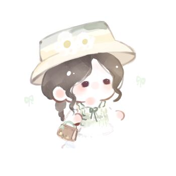 Rule 34 | 1girl, bag, bare arms, bare shoulders, black hair, braid, brown bag, brown eyes, chibi, chinese commentary, commentary request, cropped legs, dress, fengmi youzi hua, floating blossoms (infinity nikki), flower, frilled dress, frills, green dress, green ribbon, handbag, hat, hat flower, highres, holding, holding bag, infinity nikki, light blush, long hair, nikki (series), ribbon, sidelocks, simple background, single braid, sleeveless, sleeveless dress, solid oval eyes, solo, sun hat, wavy hair, white background, white flower, yellow hat