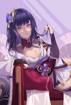 1girl absurdres armor asymmetrical_sleeves blunt_bangs breasts bridal_gauntlets cleavage closed_mouth clothing_cutout collarbone commentary_request couch electro_symbol_(genshin_impact) fan_hair_ornament flower flower_ornament genshin_impact gradient_hair highres holding holding_own_hair japanese_clothes kimono kinokoneko large_breasts long_hair lying mitsudomoe_(shape) mole mole_under_eye multicolored_hair neck_ribbon off_shoulder on_couch on_side pink_lips purple_background purple_eyes purple_flower purple_hair purple_kimono purple_thighhighs raiden_shogun red_ribbon red_sash ribbon sash shade shoulder_armor shoulder_cutout solo thighhighs thighs tomoe_(symbol) uneven_sleeves upper_body wide_sleeves