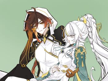 Rule 34 | 1boy, 1girl, arm tattoo, beibeijiangbiehuale, braid, brown hair, china dress, chinese clothes, chinese commentary, cloak, commentary request, couple, crescent, crescent hair ornament, dress, eyeliner, fur-trimmed collar, fur trim, genshin impact, gradient hair, hair between eyes, hair ornament, hand on another's back, high ponytail, highres, hood, hood up, hooded cloak, hooded coat, long hair, long sleeves, looking at viewer, makeup, multicolored hair, official alternate costume, ponytail, rex lapis (genshin impact), single hair streak, streaked hair, tattoo, white cloak, white dress, white hair, wide sleeves, yellow eyes, zhongli (archon) (genshin impact), zhongli (genshin impact), zibai (genshin impact)