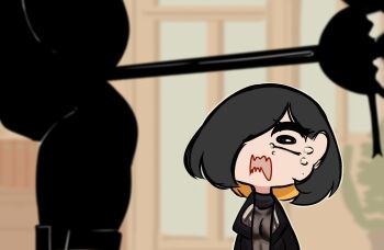 2girls ass black_eyes blurry blurry_background borrowed_character breasts centurii-chan commentary drawing_sword english_commentary highres holding holding_sword holding_weapon horrified implied_object_insertion kamura_(rain_prophet) multicolored_hair multiple_girls one_eye_covered original rapier rapier-chan_(centurii-chan) see-through_cleavage see-through_clothes split standing standing_on_one_leg standing_split sword tears two-tone_hair weapon