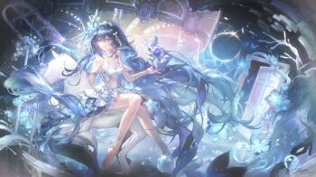 Rule 34 | 1girl, bare legs, bare shoulders, barefoot, blue eyes, blue hair, breasts, bubble, feet, flower, hair flower, hair ornament, hashtag-only commentary, highres, honkai (series), honkai impact 3rd, long hair, medium breasts, seele vollerei, seele vollerei (herrscher of rebirth), sitting on animal, solo, unicorn, very long hair, zenta twt1