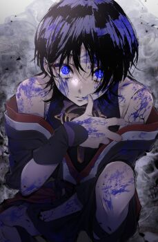 1boy 5656hayururi @_@ absurdres armor black_bodysuit black_hair black_kimono blood blood_in_hair blood_on_clothes blood_on_face blood_on_hands blood_on_shoulder blunt_ends bodysuit collarbone constricted_pupils crazy_eyes doll_joints eyeliner eyeshadow genshin_impact gold highres japanese_armor japanese_clothes joints kimono kote kurokote layered_clothes layered_kimono loose_hair_strand makeup male_focus mitsudomoe_(shape) off_shoulder open_clothes open_kimono parted_lips purple_blood purple_eyes red_eyeliner red_eyeshadow scaramouche_(genshin_impact) solo thumb_to_mouth tomoe_(symbol)