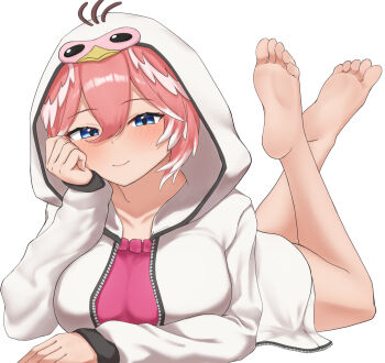 1girl absurdres barefoot blue_eyes blush feet highres hololive hood hoodie looking_at_viewer lying medium_hair on_stomach smile soles takane_lui the_pose toes yomocha