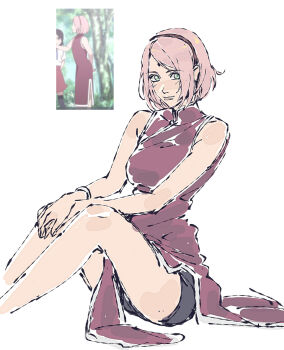 1girl beerenfuchs bike_shorts boruto:_naruto_next_generations bracelet breasts commentary dress facial_mark forehead_mark green_eyes haruno_sakura highres jewelry medium_breasts naruto_(series) photo-referenced pink_hair red_dress shorts_under_dress sitting solo symbol-only_commentary