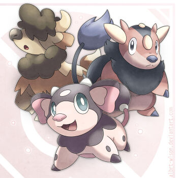 :< :3 albrt-wlson animal_focus baby_animal bouffalant bright_pupils bull closed_mouth cow fakemon gen_1_pokemon gen_2_pokemon gen_5_pokemon grey_eyes hair_over_eyes highres horns miltank nintendo no_humans open_mouth original pokemon pokemon_(creature) pokemon_focus smile split_mouth tauros white_pupils