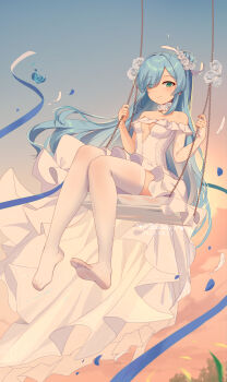 1girl aqua_hair artist_name azur_lane breasts chinese_commentary choker cleavage cleavage_cutout closed_mouth clothing_cutout commentary_request dated dress evening falling_feathers falling_petals feathers feet flower green_eyes hair_bun hair_flower hair_ornament hair_over_one_eye highres janus_(azur_lane) lace lace_choker light_smile looking_at_viewer no_shoes on_swing petals rose single_side_bun single_sleeve single_sleeve_past_wrist sky small_breasts soles swept_bangs swing thighhighs thighs toes wedding_dress white_choker white_dress white_flower white_rose white_thighhighs xiao_shi_lullaby zettai_ryouiki