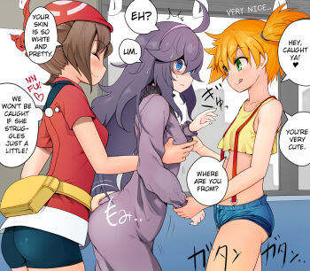 3girls :q @_@ ahoge ass ass_grab assertive_female bandana bike_shorts blue_eyes blush breasts brown_hair chijo chikan crop_top denim denim_shorts dress english_text fanny_pack female_pervert flustered forced girl_sandwich grabbing_another's_breast green_eyes groping hairband hard-translated hex_maniac_(pokemon) hex_maniac_(pokemon_xy) highres kedamono_kangoku-tou licking_lips may_(pokemon) midriff misty_(pokemon) molestation multiple_girls navel nintendo npc_trainer orange_hair pale_skin pervert pokemon pokemon_(anime) pokemon_(classic_anime) pokemon_rse pokemon_xy purple_hair sandwiched short_shorts shorts side_ponytail small_breasts smile speech_bubble suspenders sweatdrop tank_top third-party_edit thought_bubble tongue tongue_out train translated yuri