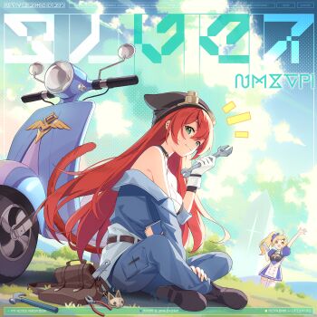 2girls :d album_cover animal_ears bare_shoulders black_hat black_shoes blonde_hair blue_dress blue_jumpsuit breasts brown_bag cat_ears character_request cleavage clippers cover dress game_cg hammer hat highres holding holding_wrench jumpsuit large_breasts loafers long_hair looking_at_viewer motor_vehicle multiple_girls non-web_source off_shoulder official_art on_ground open_mouth orange_eyes orange_hair puffy_short_sleeves puffy_sleeves scooter shoes short_dress short_sleeves side_ponytail sitting smile solo_focus stella_sora thighhighs tilia_(stella_sora) very_long_hair white_thighhighs wrench zettai_ryouiki