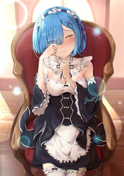 Rule 34 | 1girl, absurdres, apron, black dress, black sleeves, blue hair, blush, breasts, chair, cleavage, closed eyes, closed mouth, collar, commentary request, crying, detached collar, detached sleeves, dress, feet out of frame, frilled apron, frilled sleeves, frills, hair ornament, hair over one eye, hair ribbon, hands up, highres, indoors, justjast, lens flare, long sleeves, maid headdress, medium breasts, on chair, pink ribbon, purple ribbon, re:zero kara hajimeru isekai seikatsu, rem (re:zero), ribbon, roswaal mansion maid uniform, shirt, short hair, signature, sitting, solo, thighhighs, waist apron, white apron, white collar, white shirt, white thighhighs, wooden floor, x hair ornament