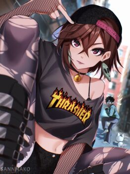 1boy 1girl ayase_momo bell black_bra black_choker black_hair black_shirt black_shorts black_thighhighs bra brown_hair choker crop_top dandadan earrings fingerless_gloves fishnet_gloves fishnet_sleeves fishnets gloves highres jewelry midriff navel neck_bell sannmako shirt short_hair shorts takakura_ken_(dandadan) thighhighs torn_clothes torn_thighhighs underwear