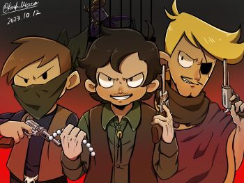 4boys ahoge animal_skull animification antenna_hair bandit belt black_belt blonde_hair blue_shirt brown_hair brown_vest cage cleft_chin coat commentary_request cowboy_western eddsworld eduardo_(eddsworld) eyepatch green_neckerchief green_shirt grin gun highres holding holding_gun holding_weapon in_cage jon_(eddsworld) kashimiato long_sleeves looking_at_viewer male_focus mark_(eddsworld) matt_(eddsworld) multiple_boys neckerchief official_alternate_costume open_clothes open_vest poncho prince_matthew_(eddsworld) purple_coat purple_poncho shirt short_hair signature skull_belt smile solid_oval_eyes upper_body vest weapon
