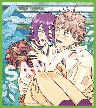 Rule 34 | 1boy, 1girl, ;d, bare legs, black choker, blonde hair, blush, border, bouquet, carrying, chainsaw man, choker, commentary request, copyright notice, denji (chainsaw man), double-parted bangs, fingernails, flower, fujimoto tatsuki, green border, grenade pin, hair between eyes, hetero, hugging object, long hair between eyes, official art, one eye closed, open mouth, princess carry, purple hair, reze (chainsaw man), sample watermark, second-party source, sharp teeth, shirt, smile, teeth, watermark, white shirt