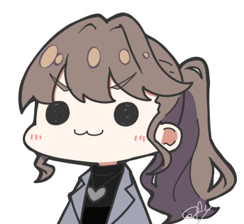 1girl :3 absurdres black_sweater chibi chibi_only closed_mouth commentary fujishima_megumi fujishima_megumi_(post-graduation) grey_jacket hashtag-only_commentary heart heart_necklace highres jacket jewelry link!_like!_love_live! long_hair love_live! necklace oofushi_ao open_clothes open_jacket ponytail signature simple_background solid_circle_eyes solo suit_jacket sweater turtleneck turtleneck_sweater upper_body v-shaped_eyebrows virtual_youtuber white_background