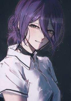 1girl black_choker breasts chainsaw_man choker grenade_pin grey_eyes hair_between_eyes hair_bun highres looking_at_viewer medium_breasts moku_(muooku) polo_shirt purple_hair reze_(chainsaw_man) shirt solo white_shirt