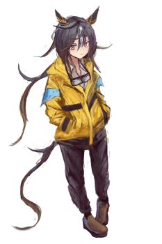 1girl animal_ears black_hair black_pants black_socks blush brown_eyes closed_mouth coat collared_shirt ear_covers goggles goggles_around_neck gradient_eyes hair_between_eyes hands_in_pockets horse_ears horse_girl horse_tail jacket long_hair looking_at_viewer multicolored_eyes multicolored_hair pants purple_eyes shirt shoes simple_background smile socks solo stay_gold_(umamusume) streaked_hair tail umamusume white_background white_hair white_shirt yanagi_wakana yellow_coat yellow_jacket