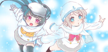 2girls :o arms_up blue_eyes blue_hair blush bow bowtie brown_hair dot_nose fang grey_hair hair_bun holding_hands kneehighs long_hair long_sleeves love_live! love_live!_sunshine!! multiple_girls necktie open_mouth pink_eyes red_bow red_bowtie scar school_uniform serafuku shinanoya_(satanicad) short_hair simple_background skirt sleeve_cuffs smile snow socks thighhighs thighs uranohoshi_school_uniform walking watanabe_you winter winter_uniform yellow_bow yellow_bowtie