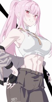 1girl absurdres alternate_costume armpit_crease artist_name bare_shoulders black_gloves blush breasts brown_jacket brown_pants commentary cowboy_shot crop_top english_commentary fingerless_gloves from_side gloves grin half_gloves hand_on_own_hip high_ponytail highres holding hololive hololive_english jacket kamiya_maneki large_breasts long_hair long_sleeves looking_at_viewer mori_calliope navel off_shoulder pants pink_hair ponytail red_eyes shirt sidelocks signature simple_background sleeveless sleeveless_shirt smile solo standing stomach turtleneck turtleneck_shirt twitter_username virtual_youtuber white_background white_shirt