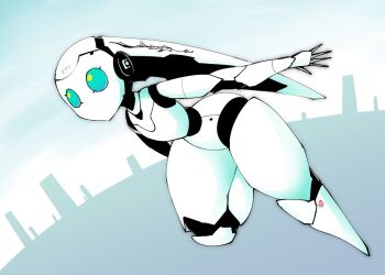 1girl blue_eyes colored_skin commentary_request drossel_von_flugel fireball_(series) humanoid_robot ikanomaru joints mechanical_hair no_mouth no_nose robot robot_girl robot_joints simple_background solo thighs white_skin