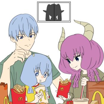 1boy 3girls aura_(sousou_no_frieren) blue_eyes blue_hair braid closed_mouth commentary_request contemporary cup demon_girl demon_horns disposable_cup don&#039;t_bully_suzuka family food french_fries frieren green_shirt grey_horns hetero himmel_(sousou_no_frieren) horns if_they_mated long_hair mcdonald&#039;s mole mole_under_eye multiple_braids multiple_girls netorare pointy_ears purple_hair shirt short_hair smile sousou_no_frieren upper_body yoru_mac
