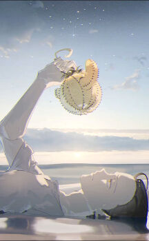 1boy aged_down arm_up black_hair closed_mouth cloud commentary_request cotton_(lana_de_lingo) crocodile_(one_piece) devil_fruit eyelashes food fruit highres holding holding_food holding_fruit male_focus one_piece outdoors shirt short_hair solo star_(sky) twilight white_shirt yellow_eyes