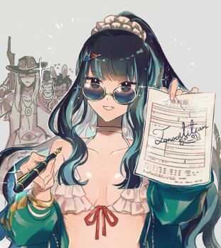 1girl 2boys bare_shoulders belly_chain bikini black_hair blue_hair breasts choker colored_inner_hair eyeliner fate/grand_order fate_(series) green_jacket grey_eyes grin gun high_ponytail izcalli_(fate) jacket jewelry long_hair long_sleeves looking_at_viewer makeup multicolored_hair multiple_boys navel nezunomori off_shoulder paper pen ponytail round_eyewear sidelocks small_breasts smile sunglasses swimsuit tenochtitlan_(fate) tenochtitlan_(swimsuit_mooncancer)_(fate) tenochtitlan_(swimsuit_mooncancer)_(first_ascension)_(fate) tezcatlipoca_(fate) tezcatlipoca_(wild_gunman)_(fate) weapon white_bikini